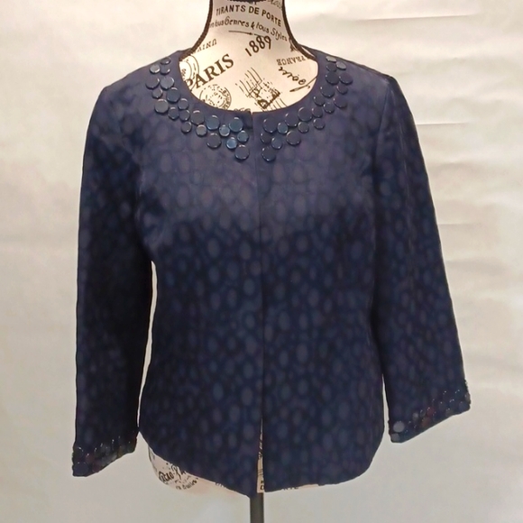 Dana  Buckman Navy Embellished Jacket with Navy‎ Circles Size 6 - Picture 2 of 12